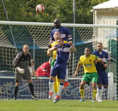 Francino Francis heads clear. Pic: Dave Birt