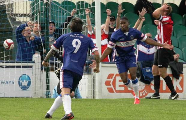 Chasetown striker Nathan Waite celebrates the opening goal. Pic: Dave Birt
