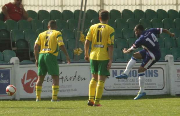Dominic Dell pulls a goal back for Chasetown. Pic: Dave Birt