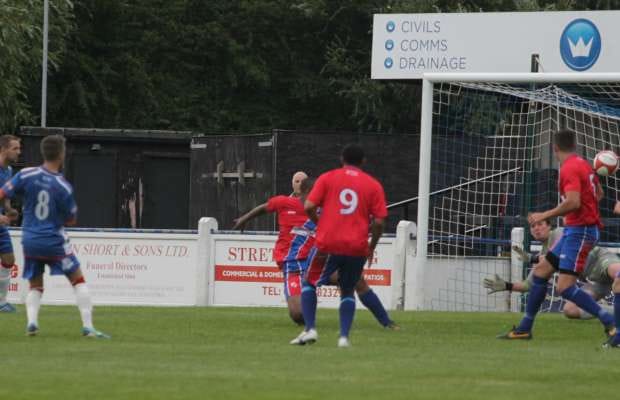Ryan Quinn fires home for Chasetown. Pic: Dave Birt