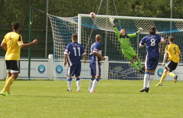 John Bateman can't keep out Benjamin Hutchinson's effort out. Pic: Dave Birt