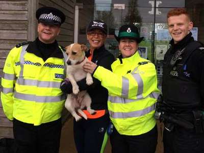 Deputy Police and Crime Commissioner Sue Arnold with her dog Jackie and Special Chief Inspector Chris Roper, Police Support Volunteer Vicky Montford and Special Sergeant Sam Clarke