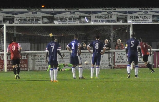 Evesham's Matt Sysum scores from the penalty spot. Pic: Pamela Mullins