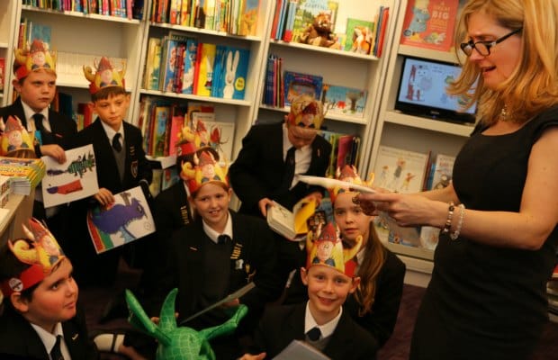 Cressida Cowell talking to Maple Hayes pupils