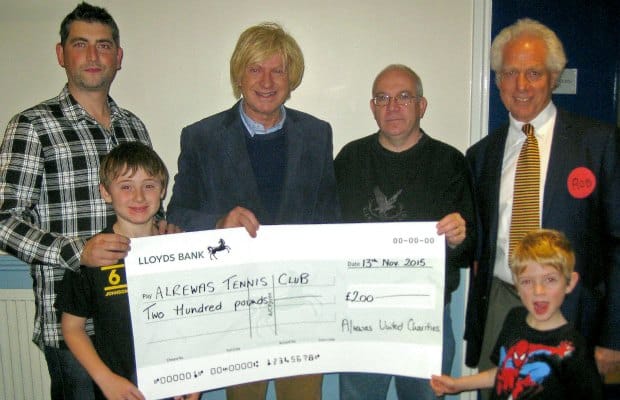 Michael Fabricant MP handing over a cheque to Alrewas Tennis Club
