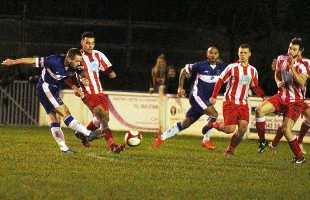 Paul Sullivan strikes towards goal. Pic: Dave Birt