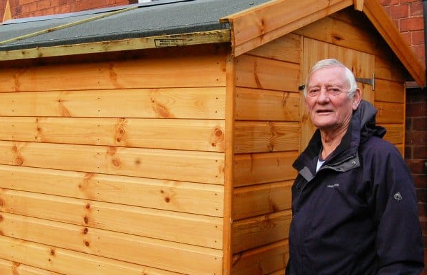 Cllr Eric Drinkwater with the new shed at the Old Mining College Centre