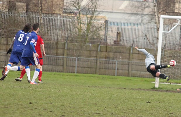 The keeper can't prevent Jed Davies' effort from finding the net. Pic: Dave Birt