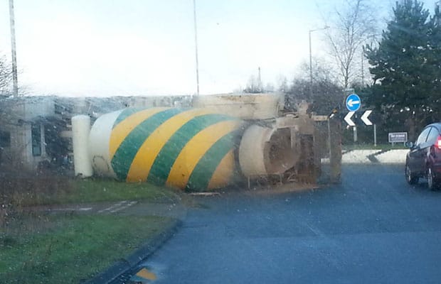 The overturned cement mixer in Burntwood. Pic: The Marketing People