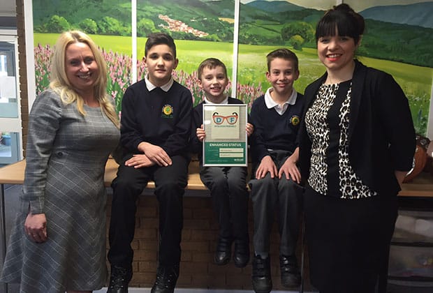 Headteacher Jane Davies, pupils John Cheshire, George Holmes, William Silvester and assistant headteacher Carly Tranter who is also Fulfen Primary School's leader for inclusion