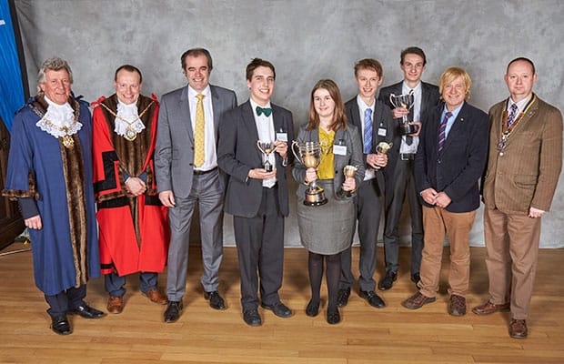 Michael Sheldon (Sheriff of Lichfield), Andrew Smith (Mayor of Lichfield), Simon Price (Managing Director of Arthur Price of England), Daniel Ruttley, Lucy Boland and Robert Adderley (all from the winning John Taylor High School team), Lewis Coles (Best Overall Speaker winner), Michael Fabricant MP, and David Stainsby (President of Lichfield St Chad Rotary Club)