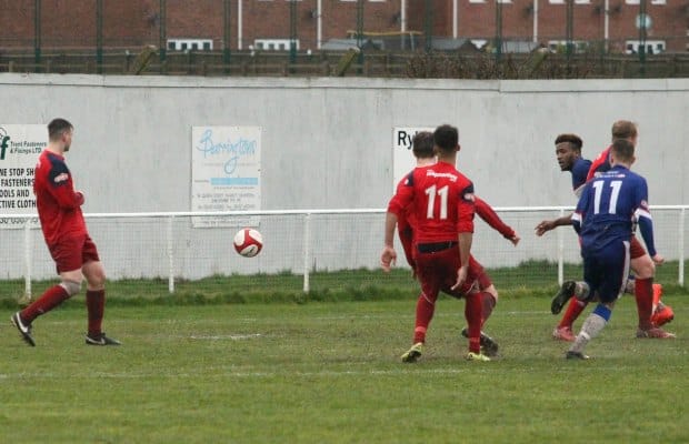 Jed Davies' shot heads towards goal. Pic: Dave Birt
