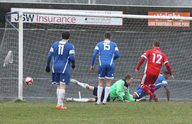 Chasetown go 2-1 in front as Paul Sullivan finds the net. Pic: Dave Birt