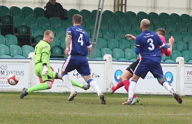 Gavin Allott scores for Shaw Lane Aquafoce. Pic: Dave Birt