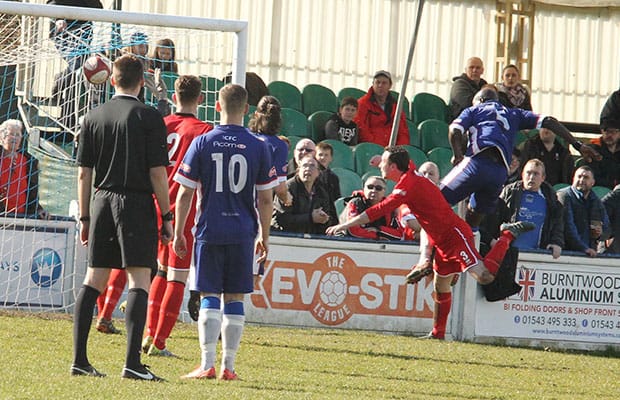The ball finds the net after Henry Eze's powerful header. Pic: Dave Birt