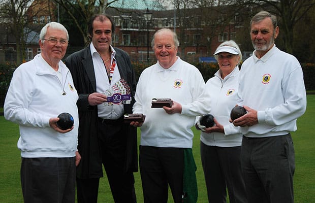 Bernard Derrick, Simon Price, Geoffrey Parkinson, Janet Holland and Peter Holland celebrating the continued sponsorship agreement