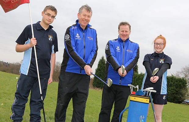 Pupils Bradley Rose and Abigail Philpott with golf professionals Steve Hadfield and Paul Hebdon