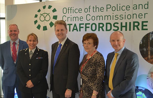 John Tradewell (Staffordshire County Council), Chief Constable for Staffordshire Police Jane Sawyers, Police and Crime Commissioner Matthew Ellis, Chair of the Central and South-West Staffordshire Magistrates’ Bench Marlene Longman JP, and David Sidaway (Stoke-on-Trent City Council)