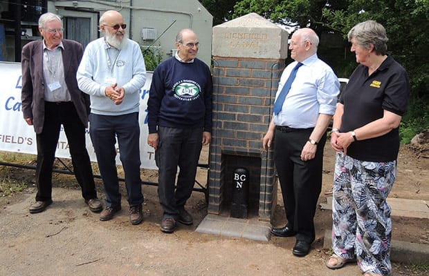David Dixon and Peter Buck from the Lichfield and Hatherton Canals Trust with David Suchet, Wall Parish Council chairman Cllr John Crowe and Brenda Ward from the BCN Society