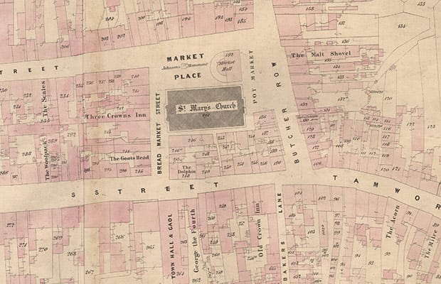 A Lichfield Tithe map showing the city centre area