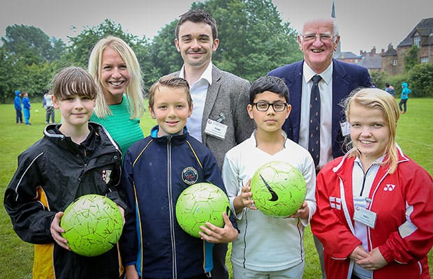 Gail Emms, Howard Davies, Alex Welburn and Rebecca Bedford with students at the Inspiring Science event