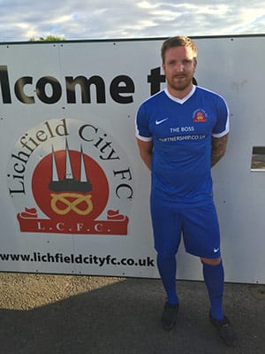 Defender Dan McLeod in the new Lichfield City home kit