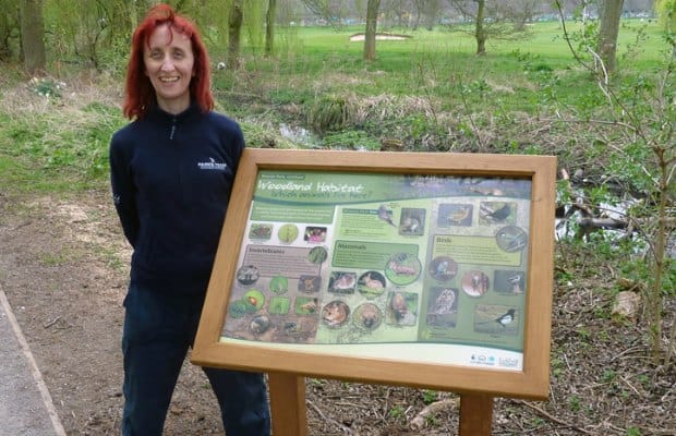 Ruth Witczak with the woodland habitat board in Beacon Park