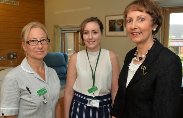 Specialist nurses Katherine Hill and Charlotte Keast with Pam Moore