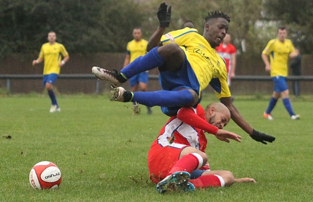 Rhys Thompson makes a crunching tackle. Pic: Dave Birt