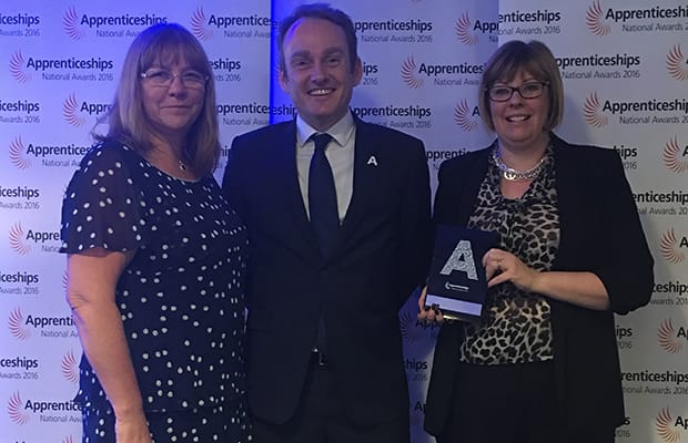 Claire Phizacklea and Fay Gibbin with Anthony Knowles from the Skills Funding Agency at the awards ceremony