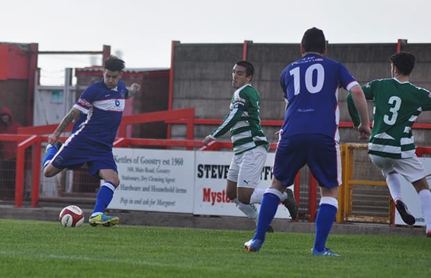 James Dance fires home his second goal. Pic: Pamela Mullins
