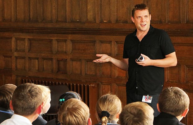 Comedian Michael Fabbri talking to pupils at Maple Hayes Dyslexia School
