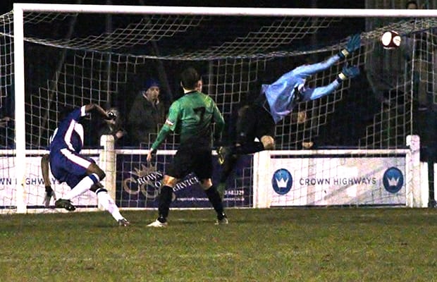Ben Chapman makes a save to keep out Chasetown. Pic: Dave Birt