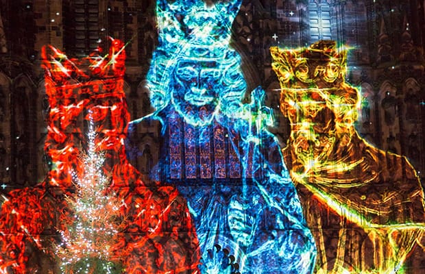 The west front of the Cathedral lit with projections