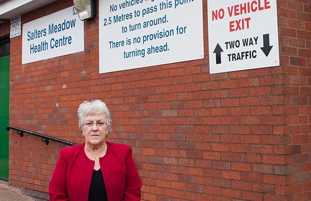 Cllr Sue Woodward outside Salters Meadow Health Centre