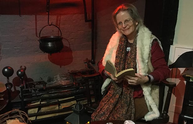 Sarah Dale getting ready for the Christmas Eve storytelling at the Samuel Johnson Birthplace Museum