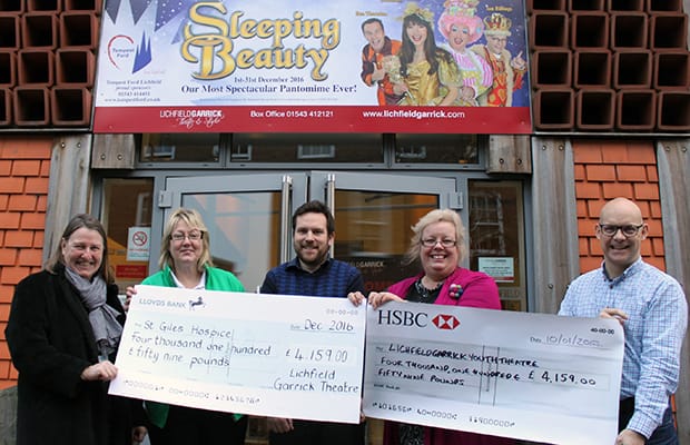 Philippa Graty and Lesley Holmes from St Giles Hospice with Alex Lloyd, Karen Foster and Tim Ford from the Lichfield Garrick