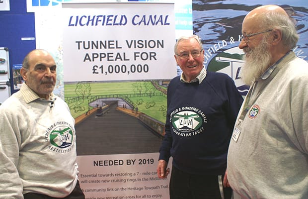 David Suchet CBE with Lichfield and Hatherton Canals Restoration Trust chairman David Dixon and engineering director Peter Buck launching the Tunnel Vision appeal at the London Boat Show