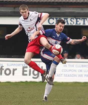 Nathan Rooney battles  for the ball. Pic: Dave Birt