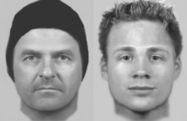 A photofit of the two men wanted after £3,000 was stolen from a Burntwood pensioner
