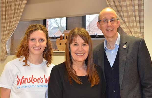 Lizzy Tomala (left) and Fergus Crow from Winston's Wish with Marg Randles from Busy Bees