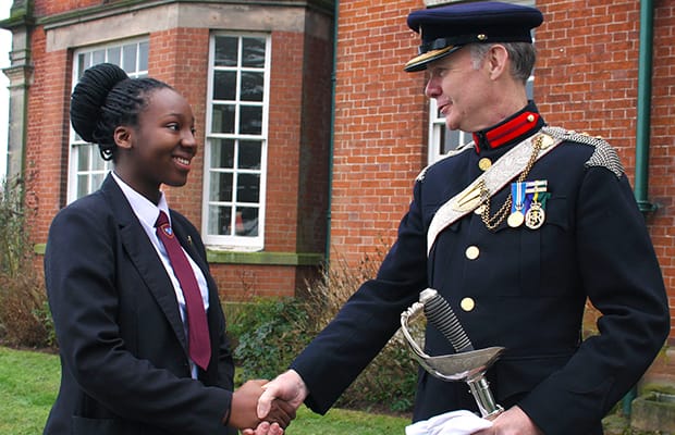 Maple Hayes pupil Eleta Taylor, 15 with with Col David Leigh, Staffordshire High Sheriff