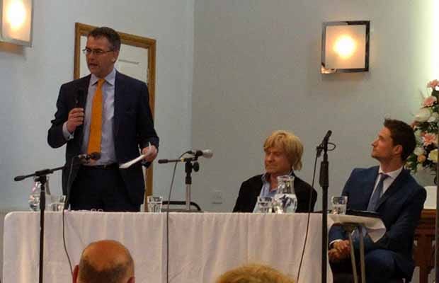 Paul Ray (standing) speaking at the hustings event alongside Michael Fabricant and Robert Pass