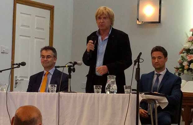 Michael Fabricant speaking at the hustings event alongside Paul Ray (left) and Robert Pass