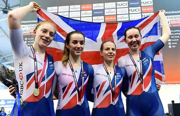 Emily Nelson and the victorious women's pursuit team. Pic: SWpix.com