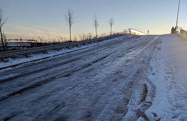 The iced-over bridge leading from Lichfield Trent Valley station's rear car park