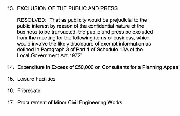 The private section of the agenda for Lichfield District Council's Cabinet meeting
