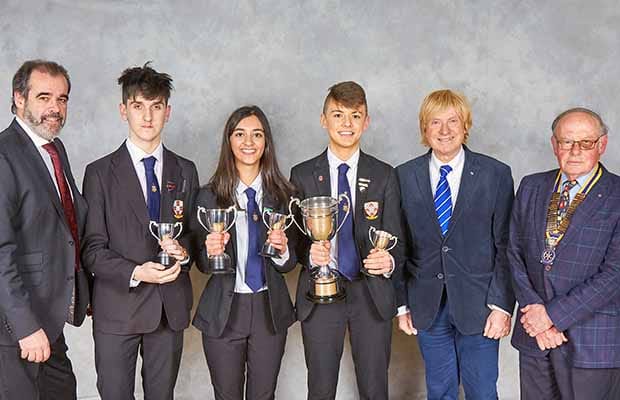 Simon Price (Managing Director, Arthur Price of England), Cian McDonagh, Jessica Sohl, Jay Kara, Michael Fabricant MP, and Tim Wadsworth (President, Rotary Club of Lichfield St Chad)