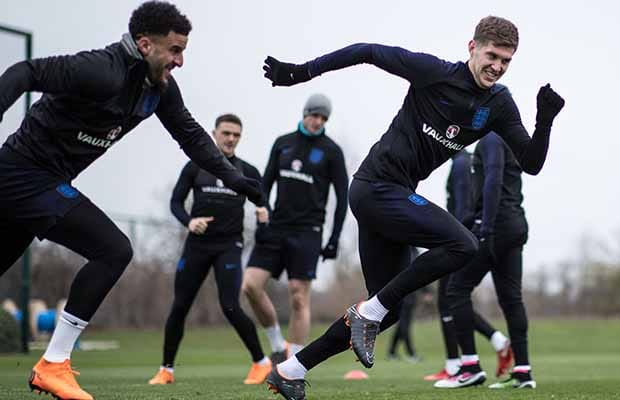 Kyle Walker and John Stones taking part in a training session at St George's Park