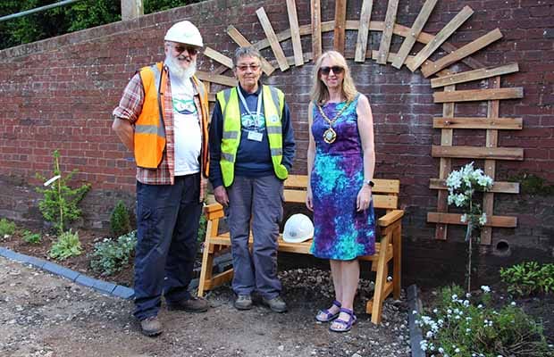 Cllr Janice Greaves with Peter Buck and Christine Bull at the launch of the Garden of Reflection project at Gallows Wharf
